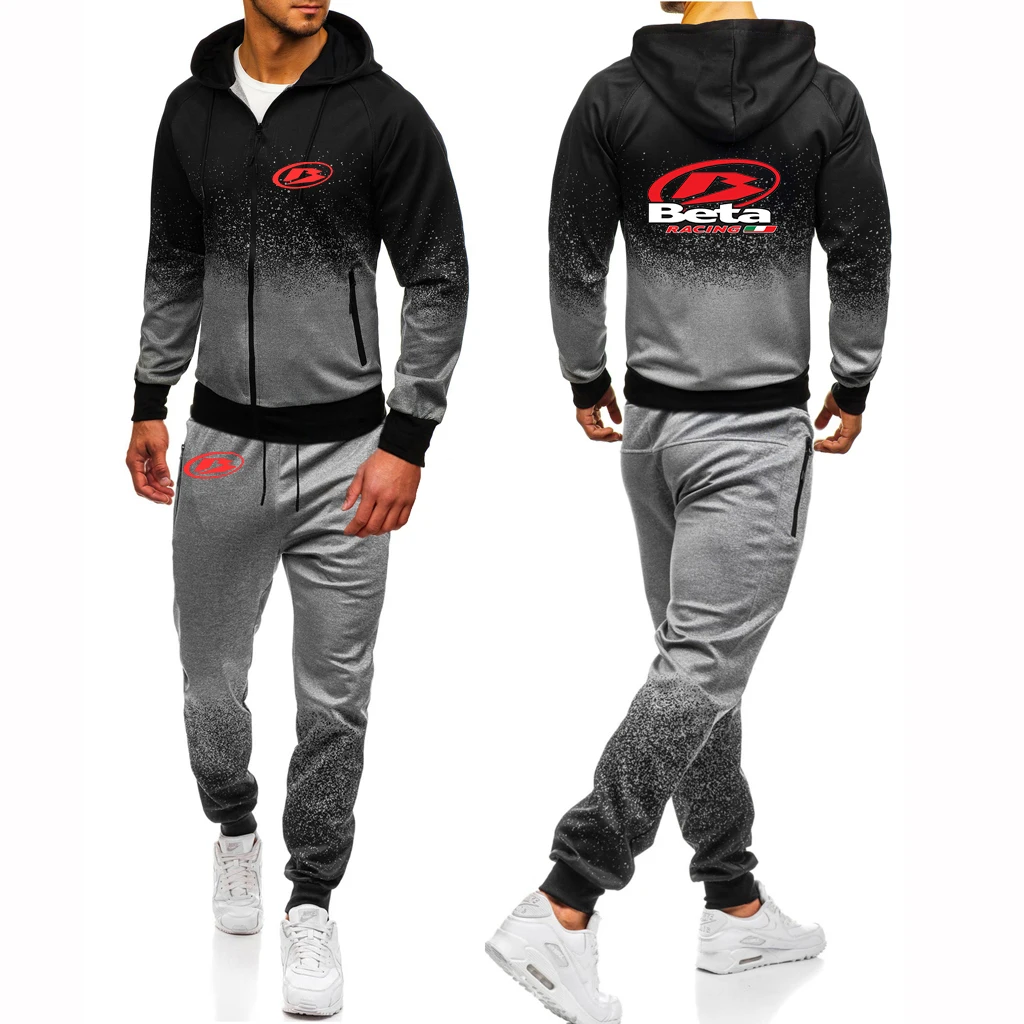 2023 Man's New Autumn Beta Racing Motocross Motorcycle Logo Print Gradient Color Hooded Sweatshirt+Sport Drawstring Trousers Set