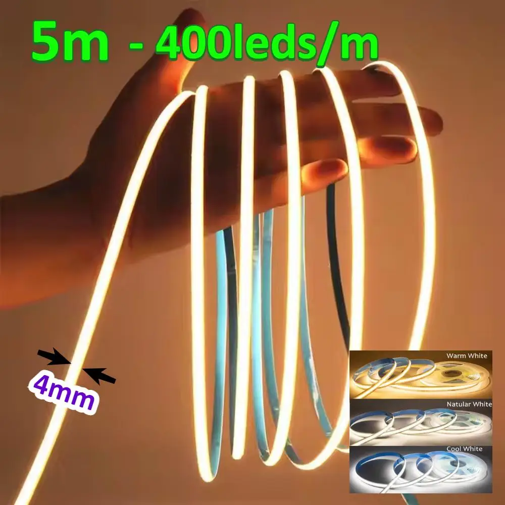 DC5V 12V 24V High Brightness COB Led Strip for Room Led Tape Flexible Ribbon for Bedroom Kitchen Outdoor Garden Lighting 400LED