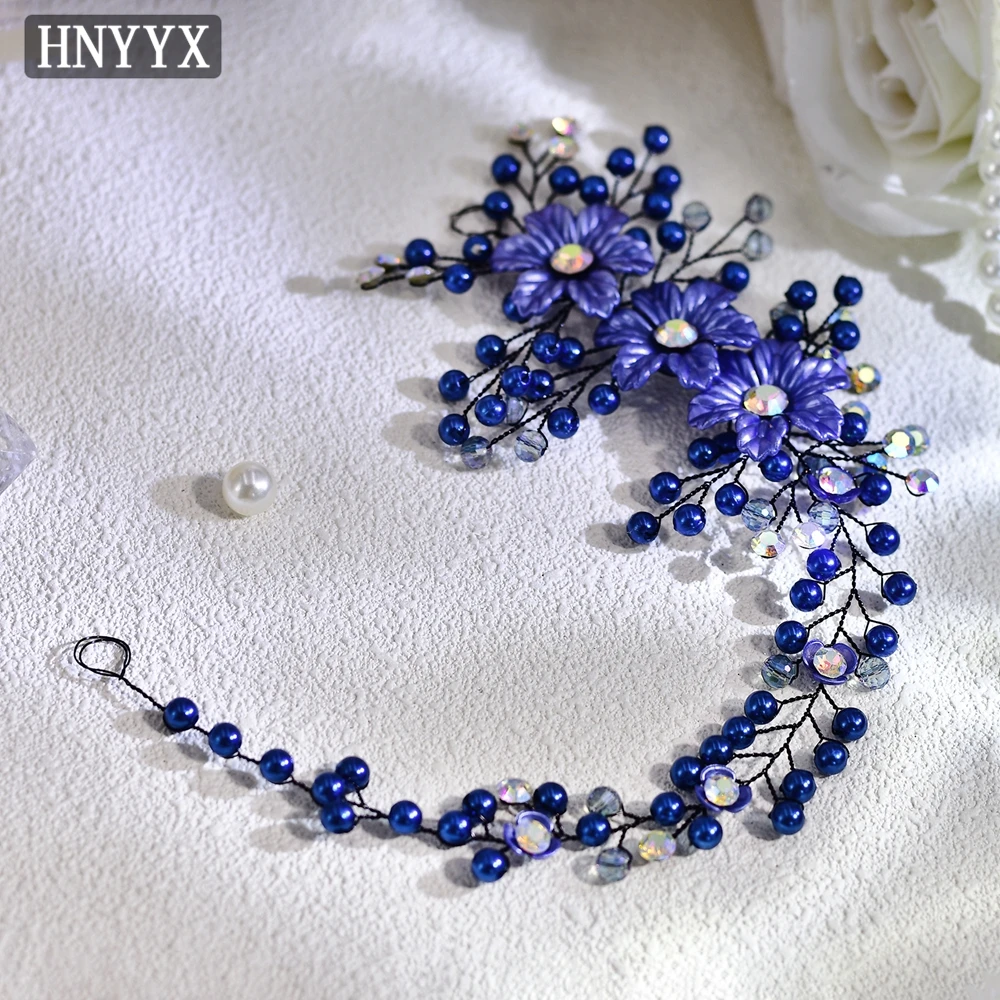 

HNYYX Bridal Pearl Hair Accessories Blue Crystal Flower Headband Elegant Ladies Party Crown Jewelry Hair Tiara A224