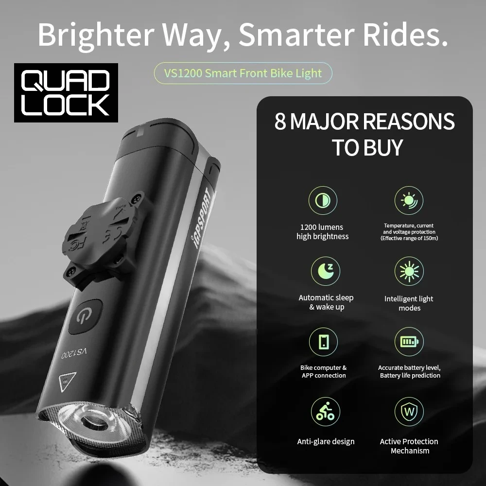 

QUAD LOCK VS1200 Bike Light Smart Bicycle Headlight for MTB/Road Bikes High Brightness Cycling Light Bicycle Accessories