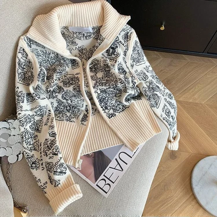 

Heavy Embroidery Short Knitted Jacket Women's Autumn Winter Fashionable Stand Collar Sweater Korean Style Straight Cut Thickened