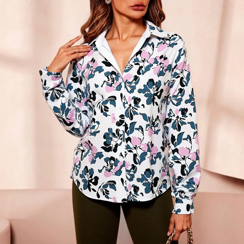 

Mia Muse Boutique Women's Shirts Autumn Elegant Floral Full Print Long Sleeve Shirt Collar Single Breasted Vacation Shirts
