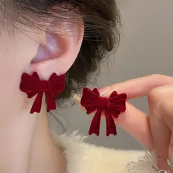 925 Silver Needle Korean Fashion Red Flocking Bow Earrings For Women Jewelry 2026 Trending New Women's Stud Earrings Accessories