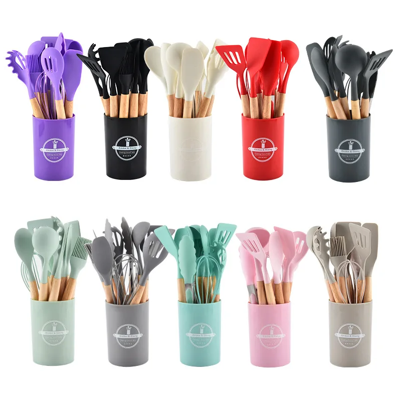 12pc Food-Grade Silicone Kitchen Set, Wooden Handles, Non-Stick, 240°C Safe
