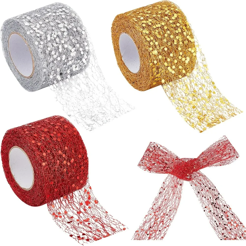 30 Yards 3 Styles Sparkling Mesh Ribbon 2 Inch Width Satin Organza Metallic Web Glitter Sequins Decorative Wire Edge