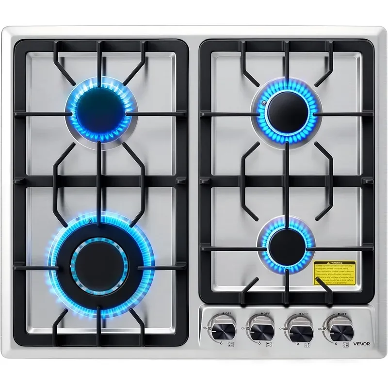 24 inch Gas Cooktop 4 Burners Gas Stove Top Max 27000BTU Built-in Stainless Steel Stove Top LPG/NG Convertible Dual Fuel
