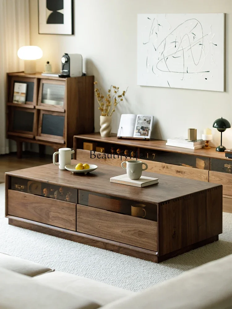 

FG44North America Black Walnut Wooden Tea Table Small Apartment Glass All Solid Wood Tea Table