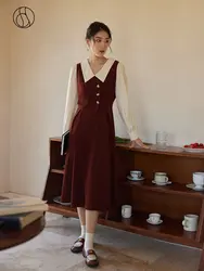 DUSHU Color Contrast Fake Two Pieces Vintage Dress For Women Autumn Winter 2022 Deep Red Black Women Solid Casual Dress