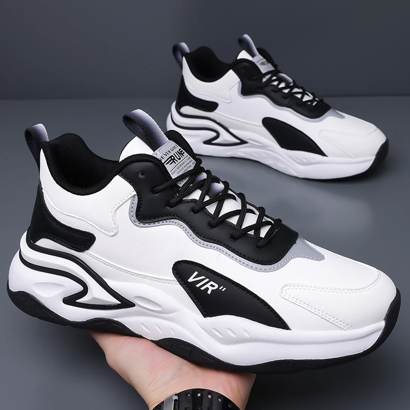 Men Chunky Sneakers Spring Autumn Retro Sport Shoes Mixed Texture Wavy Overlay Sculpted Thick Sole Daily Walk Footwear