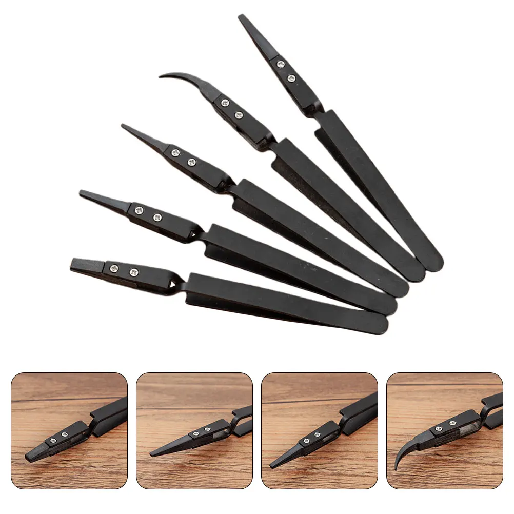 

5pcs Stainless Steel Electronic Tweezers Plastic Precision Heat Resistant Insulation Curved Tools for Soldering Crafts