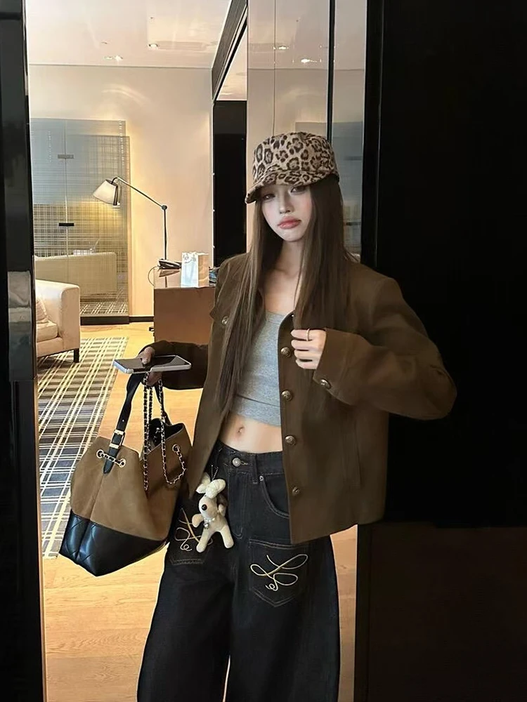 American Retro Coffee Color Women's ort Jaet Motorcycle Clothes Outerwear Workwear Sle Autumn Faion Versatile Top