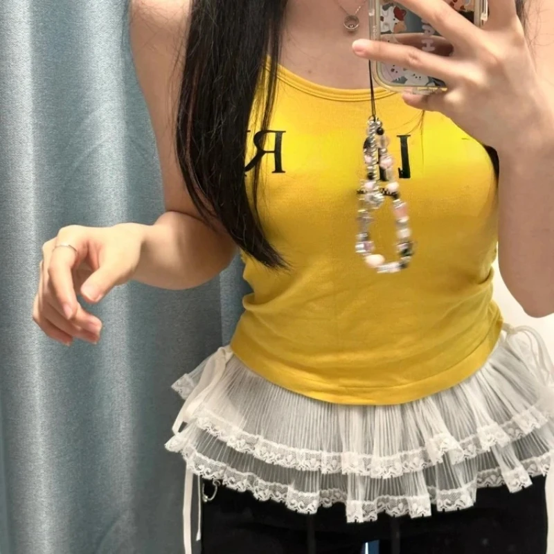 

Double Layered Lace Ruched Puffy Skirts 2025 Summer New White Skirt For Women Y2k E-girl High Waist Up Faldas Mujer