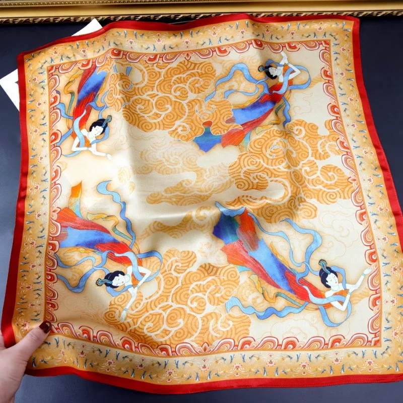 

Dunhuang Flying Apsaras Print Square Silk Scarf for Women Luxury 100% Mulberry Silk Neck Head Bandana Foulard
