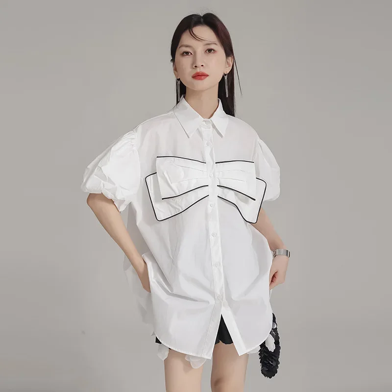 Three-Dimensional Bow Medium And Long Cardigan Shirt Summer Women's Niche Chic Shirt Top Fashion Trend