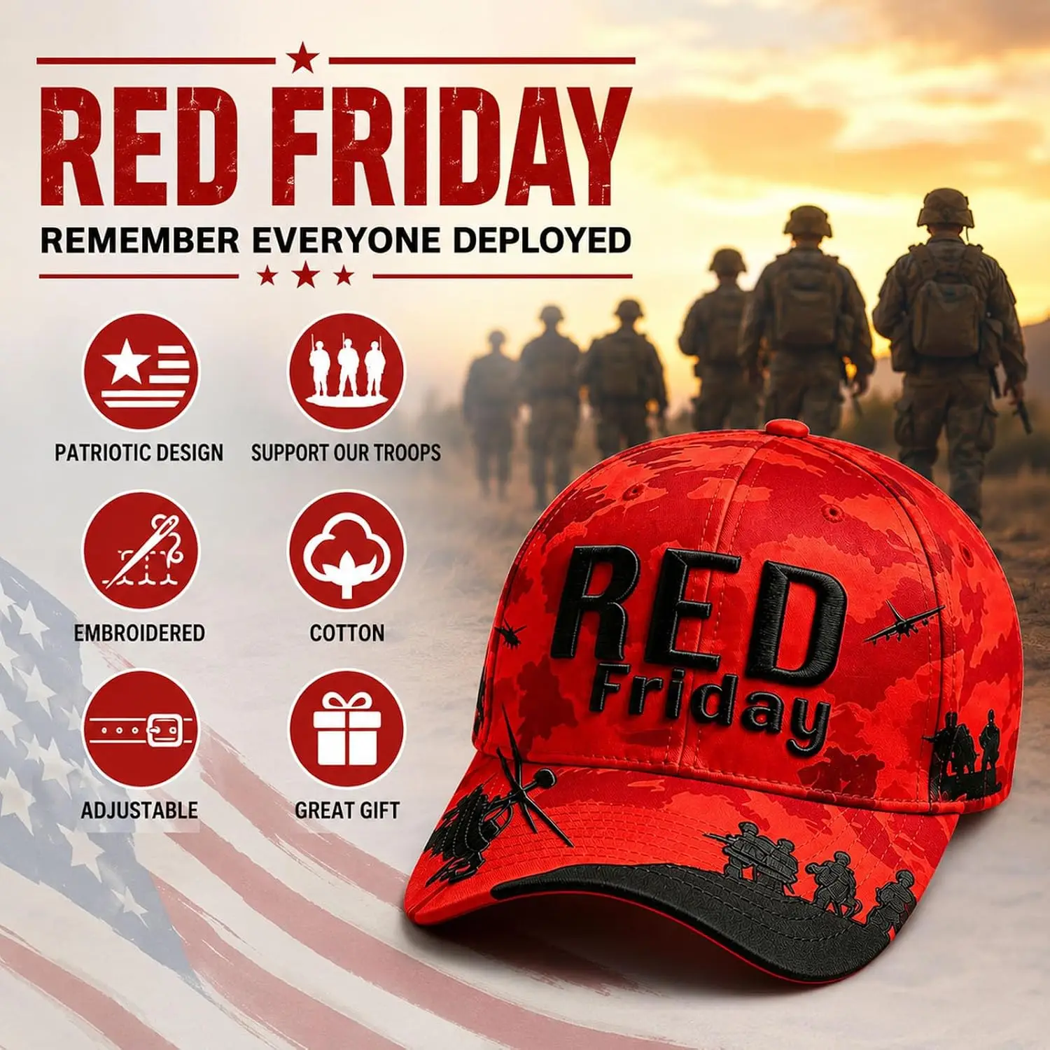 Custom RED Friday Remember Everyone Deployed Baseball Cap for Men | Patriotic Embroidered Adjustable Dad Hat, Vintage Cotton