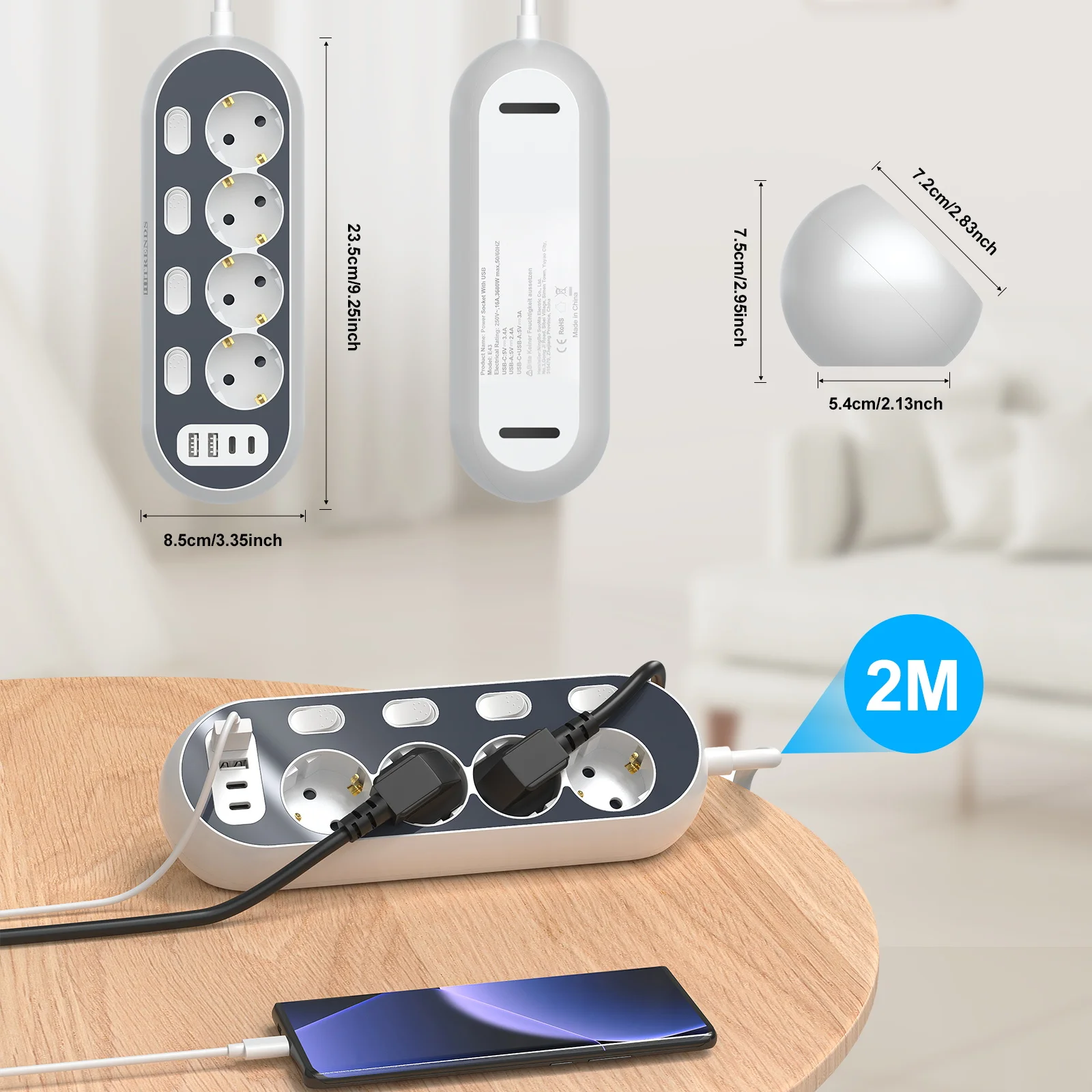 شريط طاقة 8 في 1، 4 مقابس تيار متردد + 2 منفذ USB A + 2 منفذ USB C، شحن سريع 3.4 أمبير، حمايات متعددة، كابل تمديد 2 متر