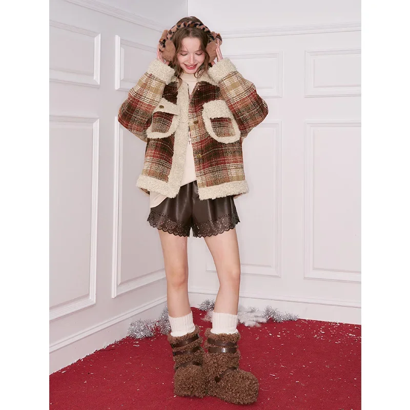 ELFSACK Y2K Plaid Lapel Plush Trim Metal Button Short Faux Wool Jacket For Women