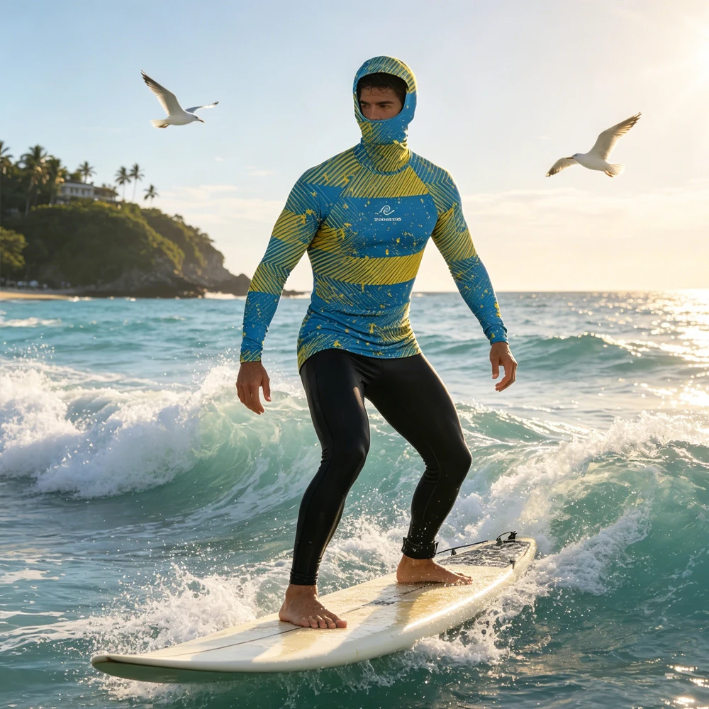 

Men Hooded Long Sleeve Rash Guard Shirt UPF50 UV Protection Surfing Clothing Quick Dry Sailing Top Wear for Beach Water Sports