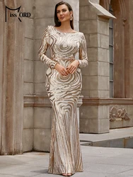 Missord Gold Sequin Mermaid Prom Dress Women Long Sleeves O-Neck Open Back Bodycon Wedding Party Evening Dresses Formal Gown