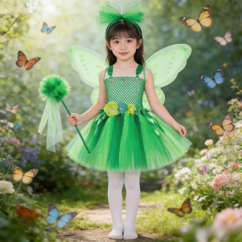 Green Butterfly Fairy Costume for Girls Sparkly Dress Halloween Carnival Outfit Kids Festive Party Cosplay Clothes with Wings