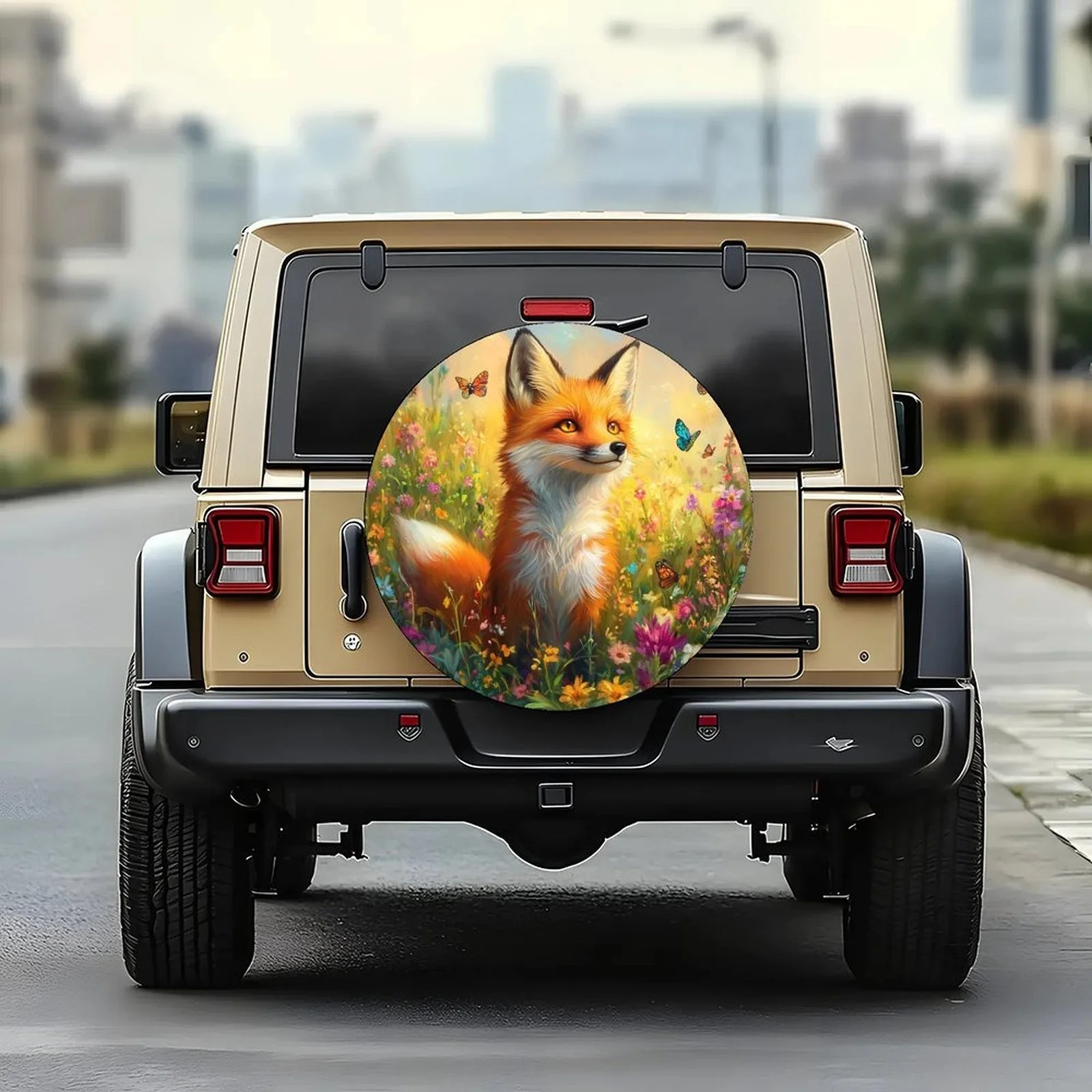 1pc Fox In Flowers Themed Tire Cover Wheel Cover, Trendy Universal Wheel Cover Tire Cover Wheel Protection Cover, Suitable For M