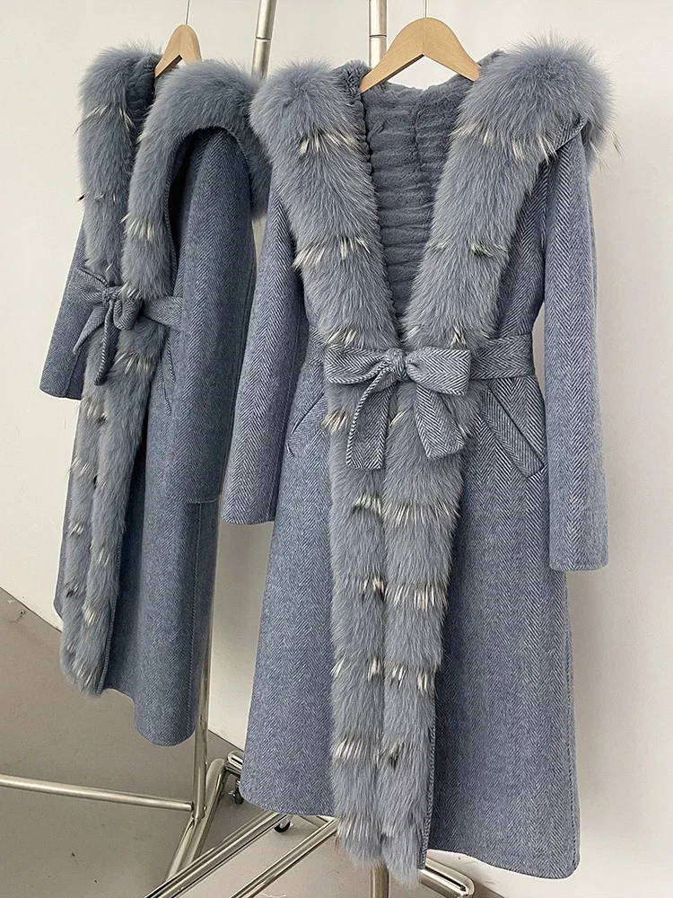 2025.novo outono inverno roupas femininas quente longo com capuz pele de lã jaqueta grossa forro de pele de coelho casaco de lã feminino