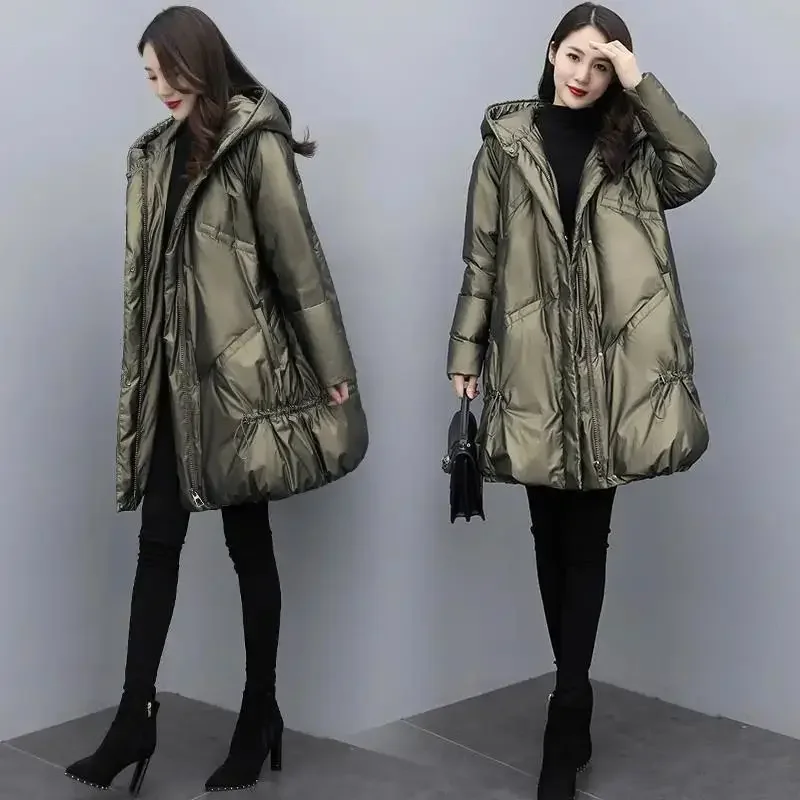 Jaqueta de algodão brilhante para mulheres, casaco coreano com capuz solto, parkas femininos à prova de vento, parka grossa, outwear de neve quente,