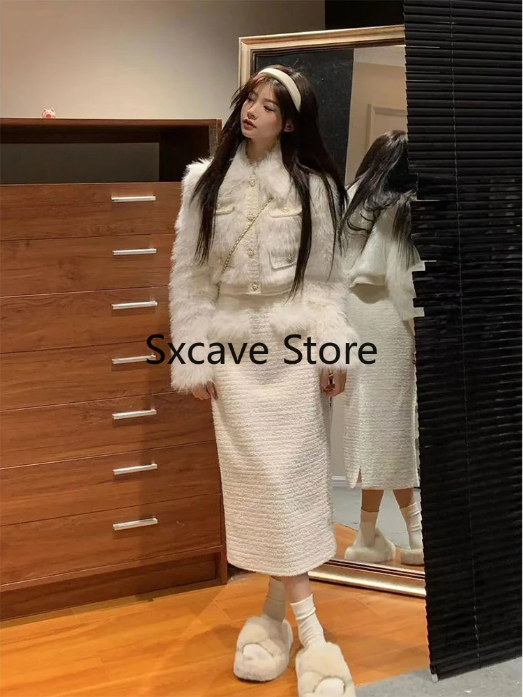 2023 Inverno Kawaii Giapponese 2 Pezzi Gonna Set Donne Outwear Casual Vintage Cardigan Cappotti + Dolce Office Lady Midi / Minigonna