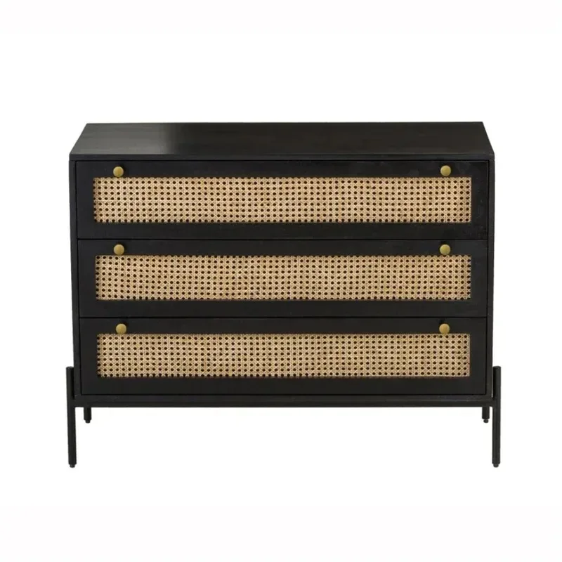 Wabi-sabi & Contemparary chest of 3 drawers wood storage rattan dresser cabinet