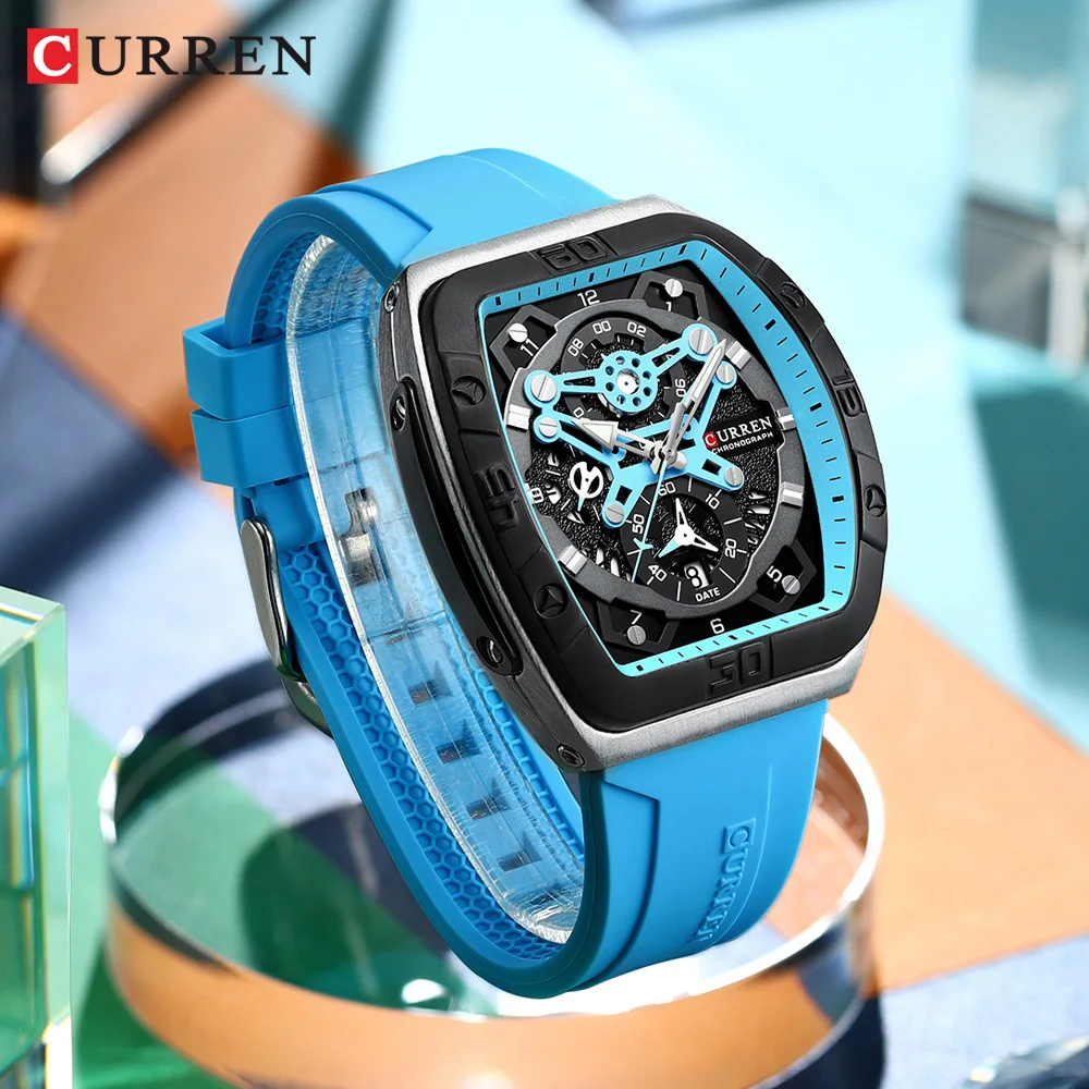 CURREN Creative Fashion Multifunctional Rectangle Quartz Watches New Casual Silicone Strap Men\'s Wristwatches