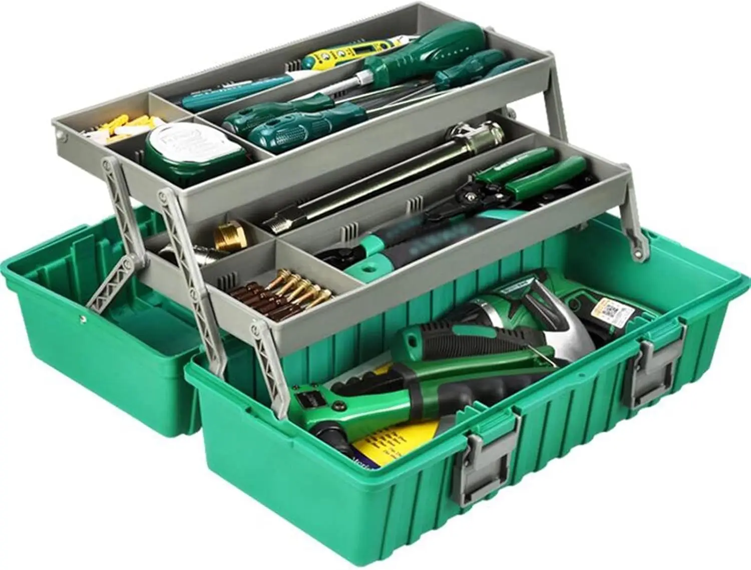 

Impact-resistant folding plastic toolbox for electricians, perfect for household storage and equipment organization.