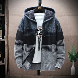 Men Hooded Cardigan Knitted Sweater Coat 2024 Autumn Winter New Fleece Warm Thick Splicing Color Striped Casual Jacket Outwear