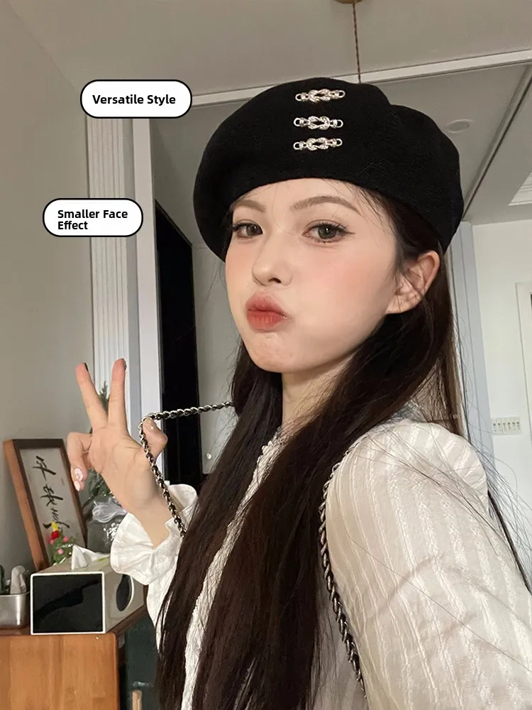 New 2026 Black Beret Hat Women's Summer Thin Design Small Face Big Head Circumference Beret Hat Small Face Effect