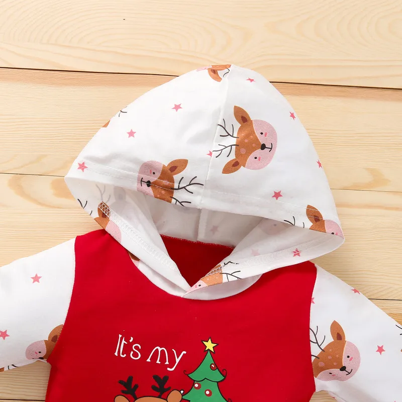 0 to 12 Months Christmas Baby Girl Boy Printed Romper Long Sleeve Hooded Jumpsuit with Front Pocket Baby Clothing