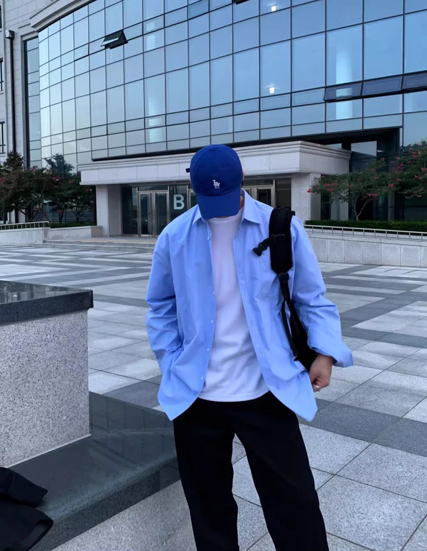 Americano retro azul masculino irt solto longo sve casual workwear proteção solar cor pura versátil na moda botão-up