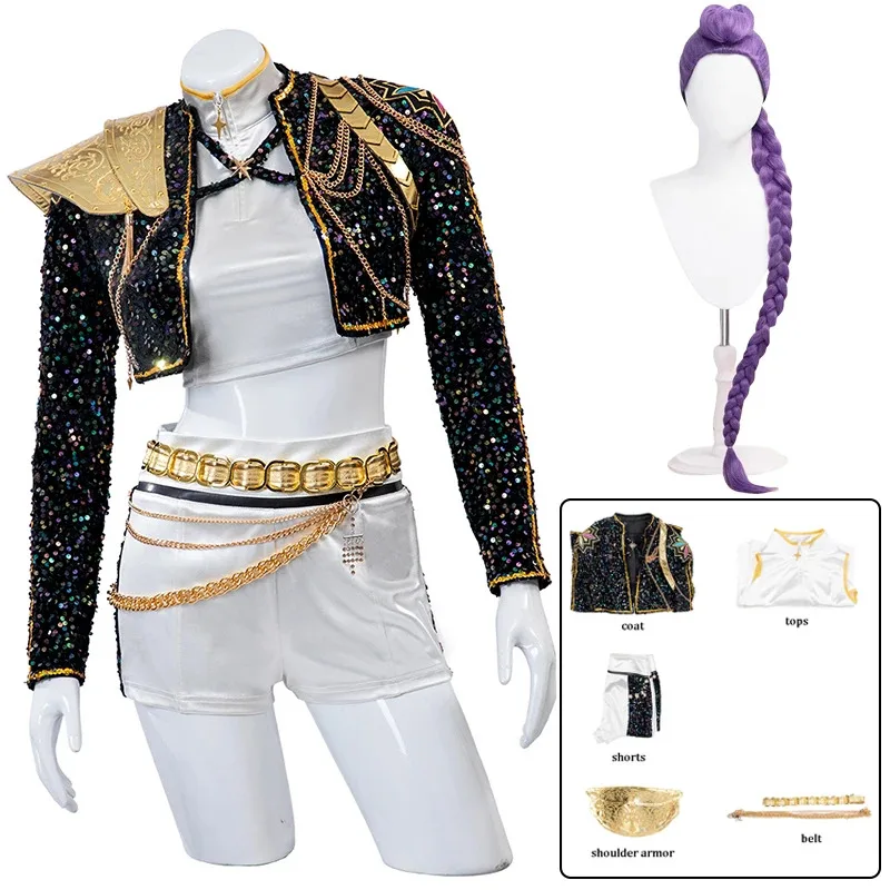 KPop Rumi-zapatos con peluca para mujer, abrigo negro, traje para cantar, disfraz de promoción de canciones, fiesta de Halloween, trajes de juego de rol;2,c'4,h.