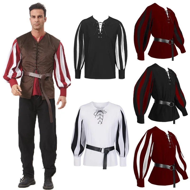 قميص بربطة عنق محظور بالألوان لعام 2025 للرجال والنساء، زي أداء مسرح القرون الوسطى الأوروبي الأمريكي الكلاسيكي Camisa