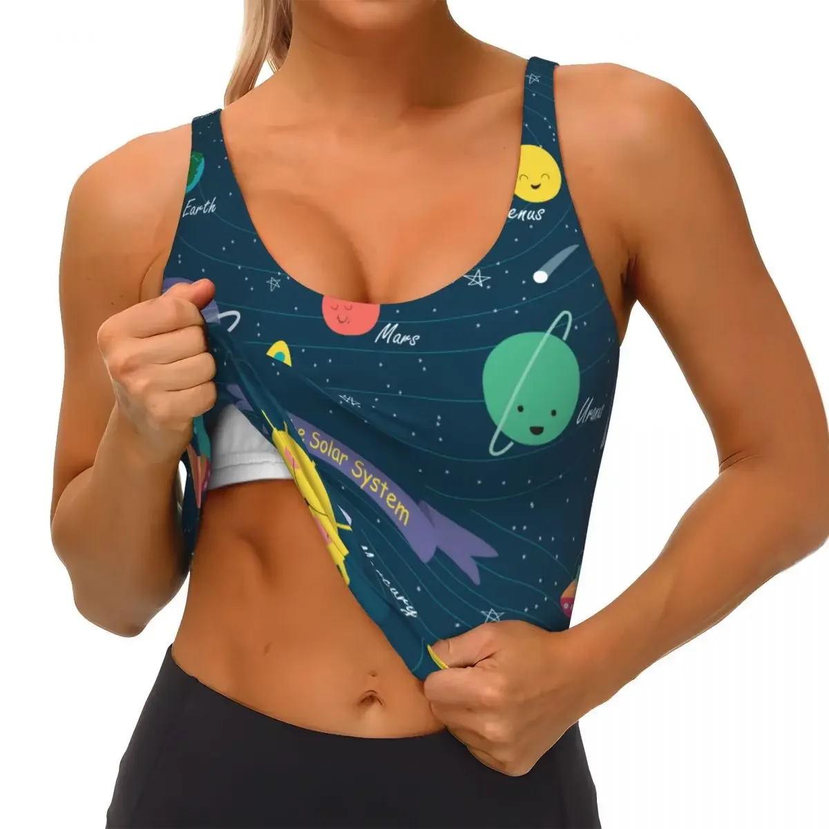 Женский сексуальный спортивный жилет с мультяшными планетами, солнечная система, женская уличная одежда, спортивное белье, футболка, укороченный топ