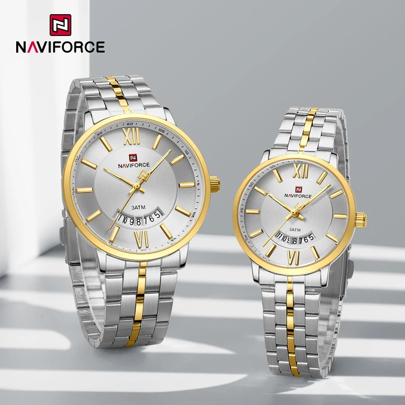 NAVIFORCE Simple pareja salvaje relojes de pulsera de cuarzo moda elegante 30M impermeable banda de acero inoxidable calendario reloj amantes reloj