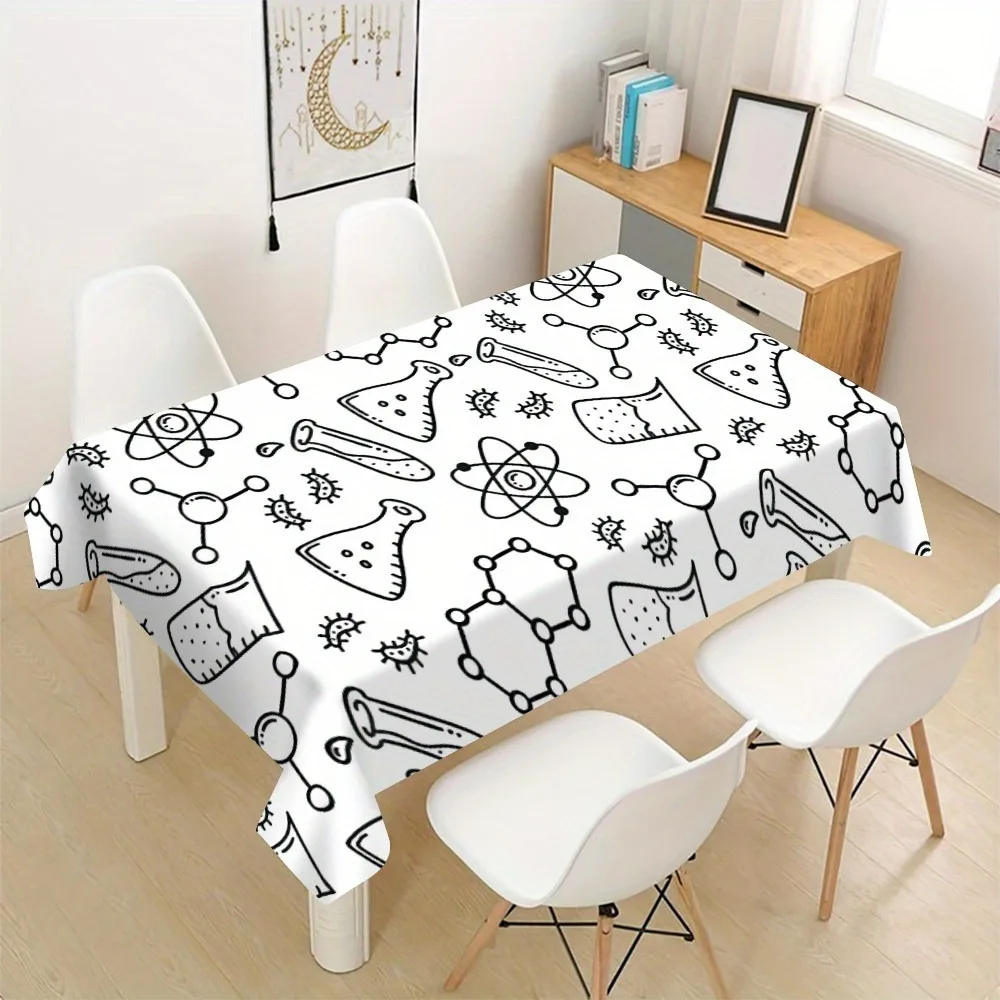 1pc Multi-Size Rectangular Tablecloth, Science Laboratory Themed Tablecloth with Black and White Test Tubes, Beakers, and Atomic