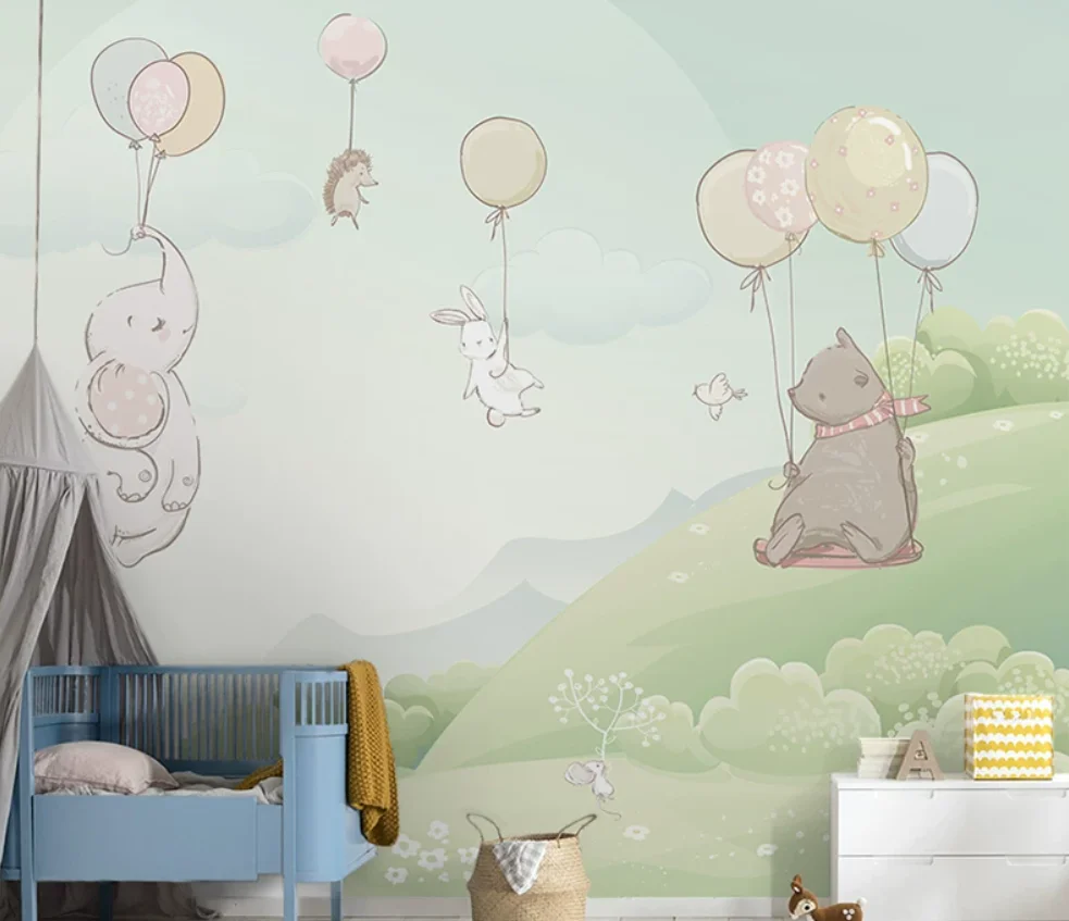 

Animal Hot Air Balloon Wallpaper Bedroom Background Wall Decal Cartoon Kids Room Wall Covering Customized Kindergarten Murals