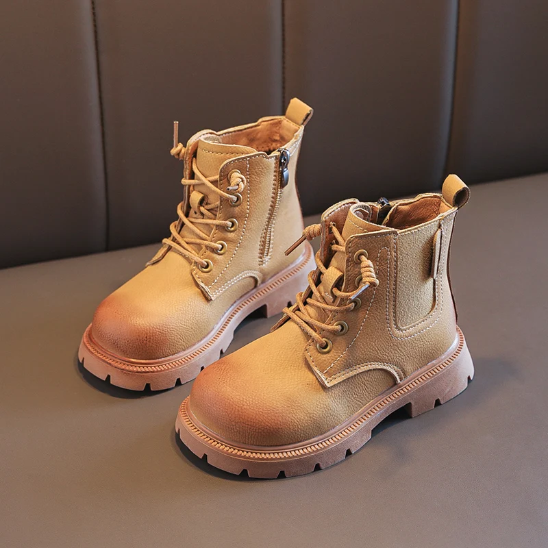 Children Outdoor Ankle Boots Vintage Toddlers PU Leather Boots for Boys Girls Simple Round-to Kids Causal Fashion Boots Zipper