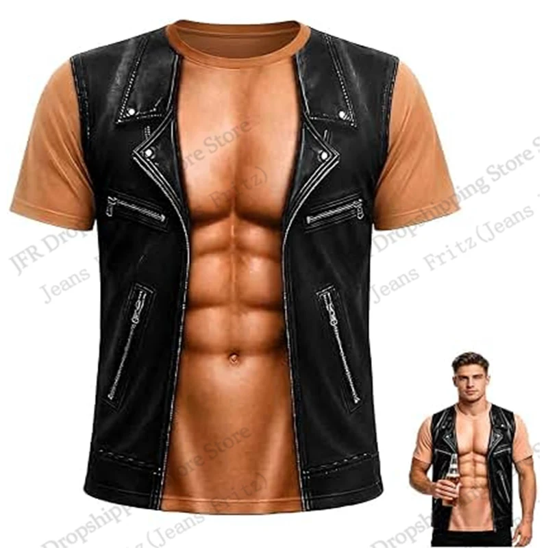 Motorcycle Vest Muscle Fake Suit Zipper 3d Print T-shirt Men Women Fashion Punk Oversized Short Sleeve Tops Tees Zipper Print