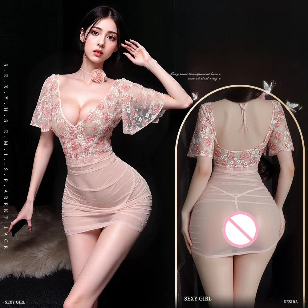 

Sexy Sheer Deep V Floral Lace Babydoll + High Waist Booty Shorts Set - Seductive Roleplay Lingerie Costume