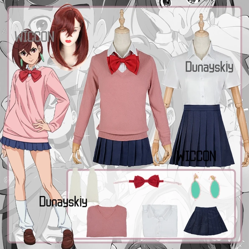 

Momo Ayase Cosplay Costume Anime Dandadan Pink Top Blue Skirt School Uniform Earrings Props Halloween Party for Women