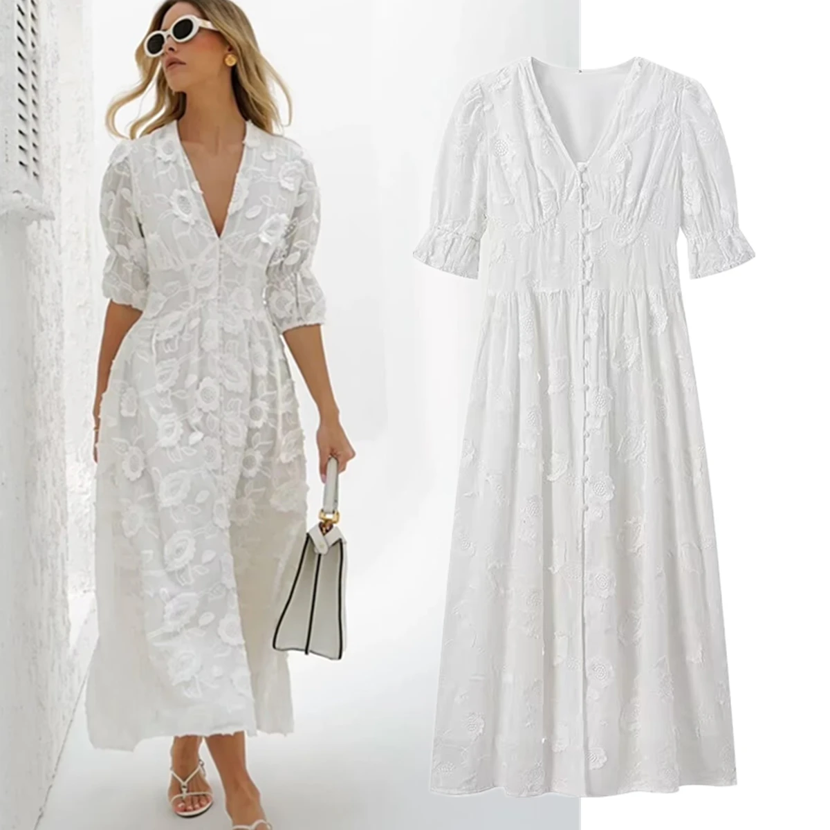 

Dave&Di French Minimalist Embroidered White Dress Women Single Breasted Short Sleeve Elegant Lace Maxi Dress Vestidos