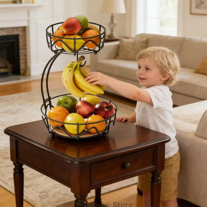 Double Level Base Fruit Basket With Banana Hook Durable Metal Kitchen Storage For Dining Area Arrangement 3XUF