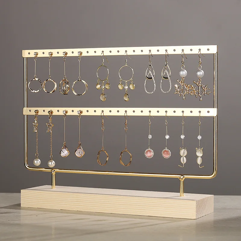 Gold Earrings Jewelry Display Stand Metal Jewellery Organizer Holders Wooden Base Storage Rack Store Decoration Gifts