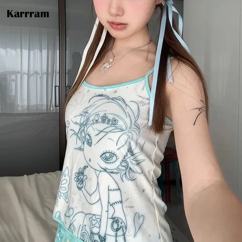 Karrram Y2k Aesthetics Cami Top Fairycore Anime Print Camisole 2000s Kawaii Crop Top Japanese Harajuku Tank Tops Grunge E-girls