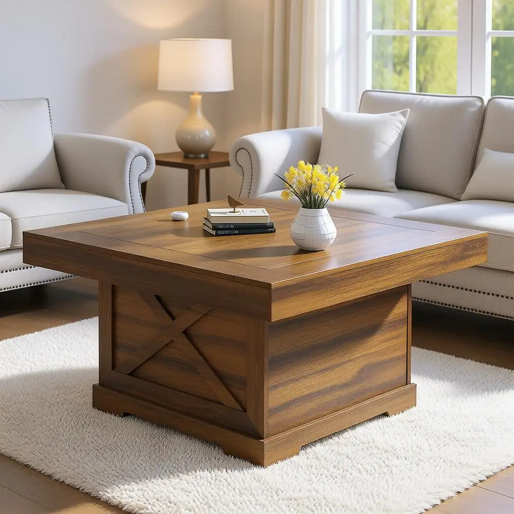 

Журнальный столик в деревенском стиле с деревянной подставкой в форме буквы X, небольшой квадратный столик для домашнего офиса или столовой, цвет орех